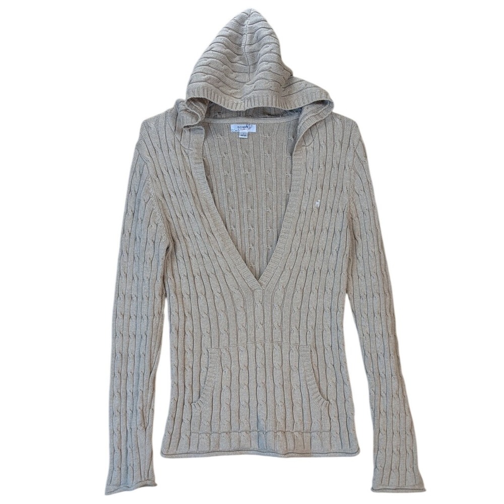 Old Navy Women Cable Knit Y2K Preppy V-Neck Hoodie Sweater Beige Large Fitted